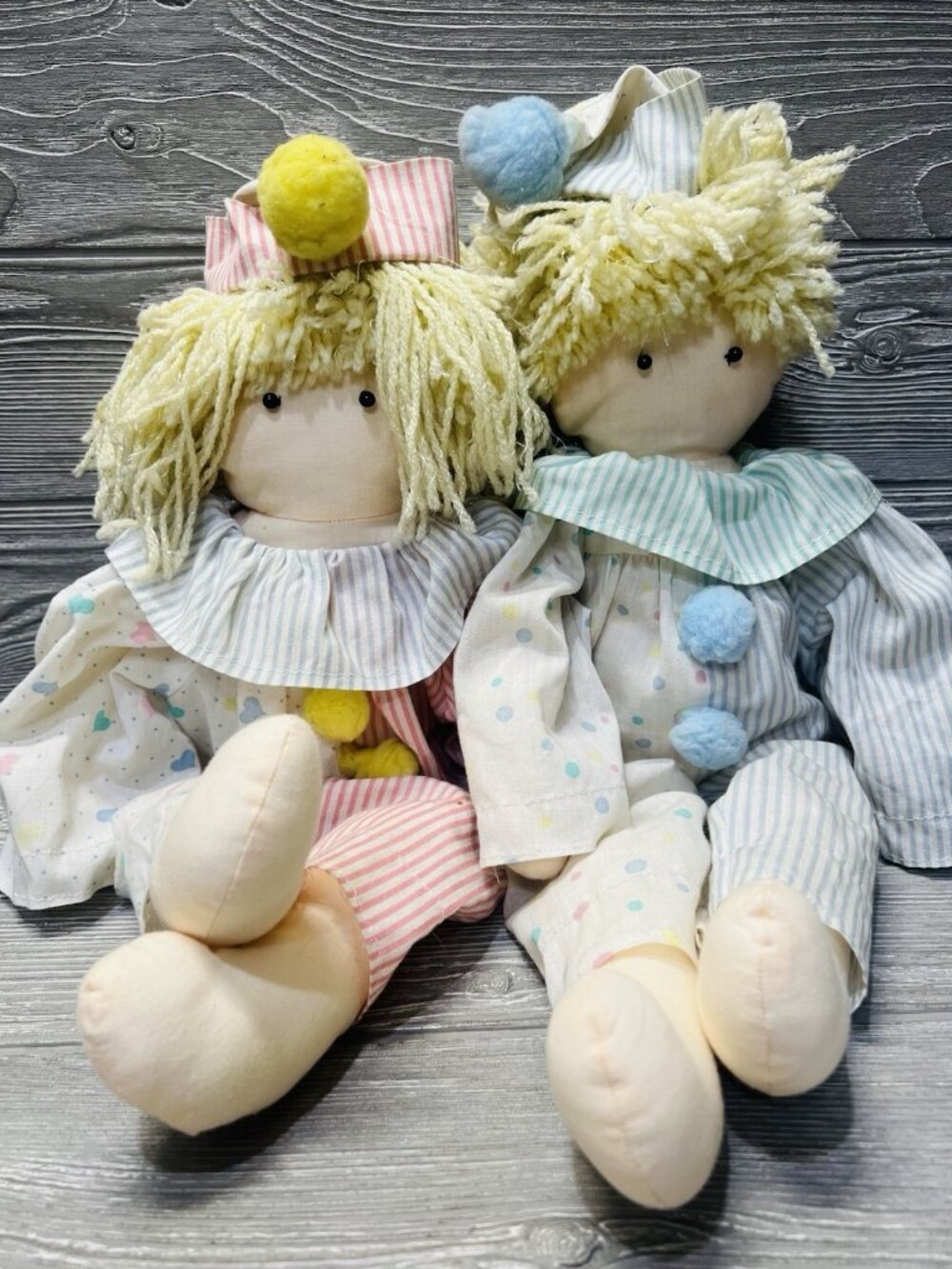 Vintage Handmade Clown Rag Dolls Boy Girl 20” Retro Nursery Baby Decor Pastel